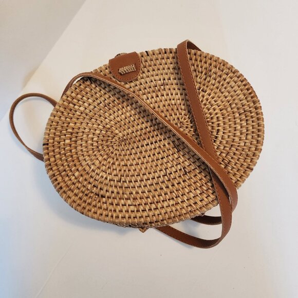 Woven Rattan Round Crossbody Bag With Leather Strap & Floral Lining - Picture 2 of 11